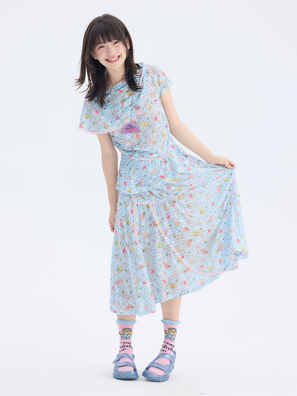 Blue Cartoon Gingham Cape Collar Blouse Midi Skirt