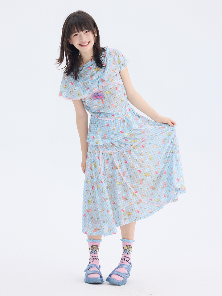 Blue Cartoon Gingham Cape Collar Blouse Midi Skirt