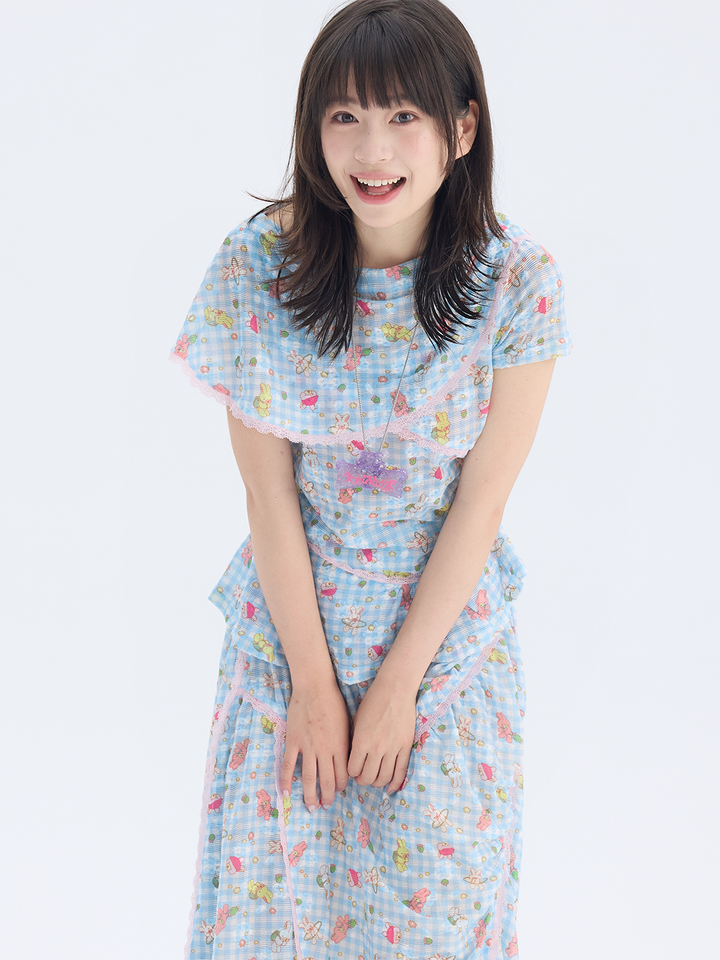 Blue Cartoon Gingham Cape Collar Blouse Midi Skirt