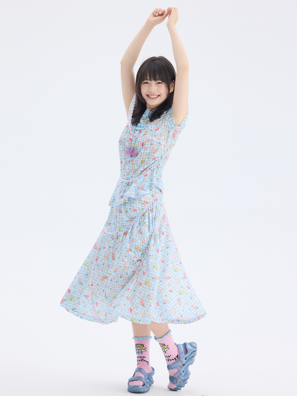 Blue Cartoon Gingham Cape Collar Blouse Midi Skirt
