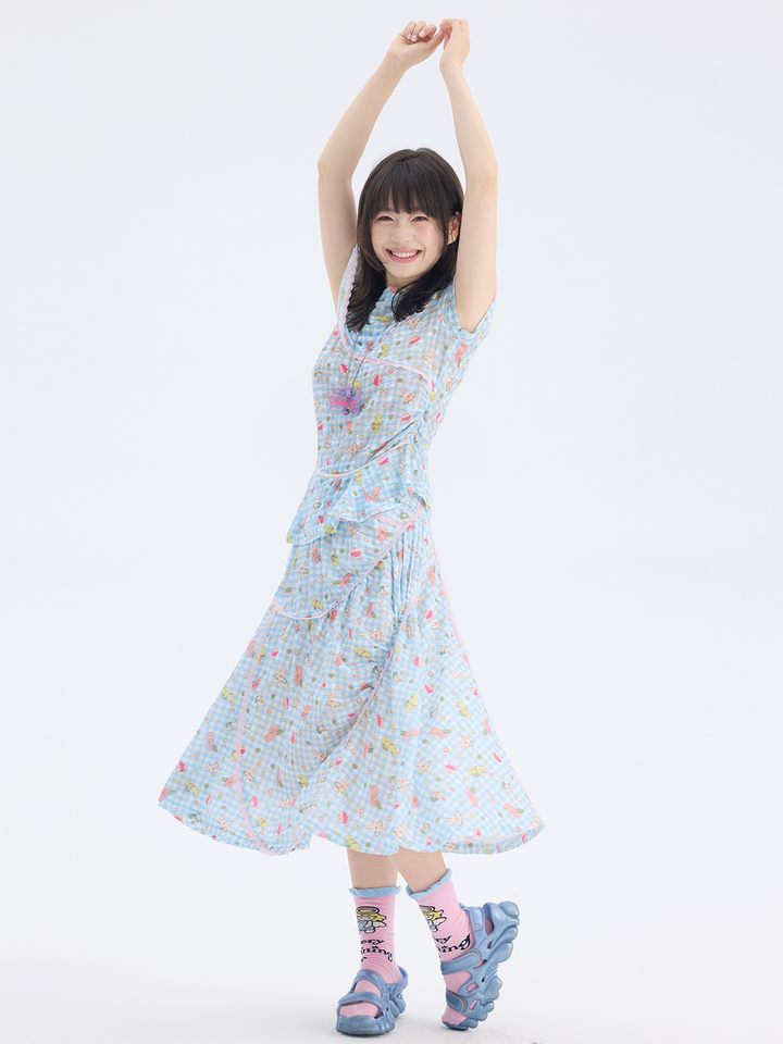Blue Cartoon Gingham Cape Collar Blouse Midi Skirt