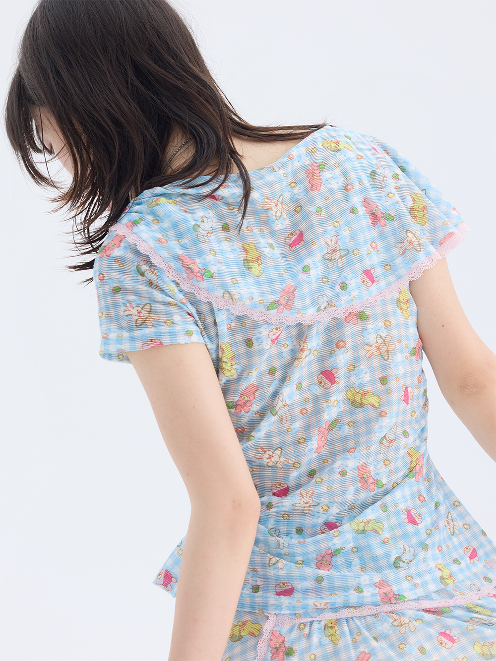 Blue Cartoon Gingham Cape Collar Blouse Midi Skirt