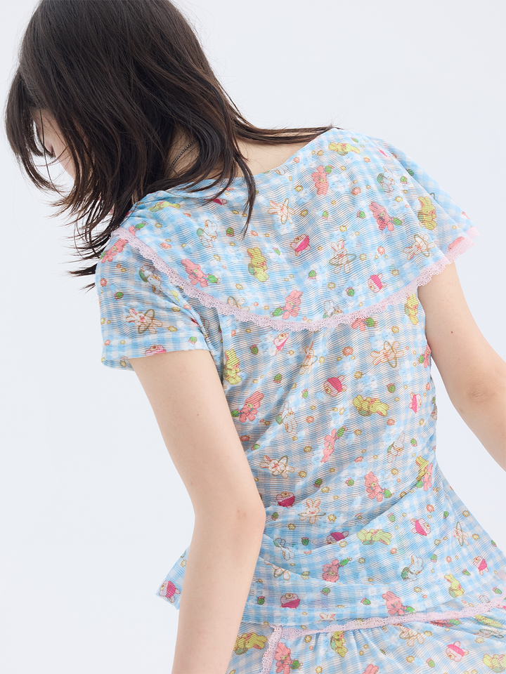 Blue Cartoon Gingham Cape Collar Blouse Midi Skirt