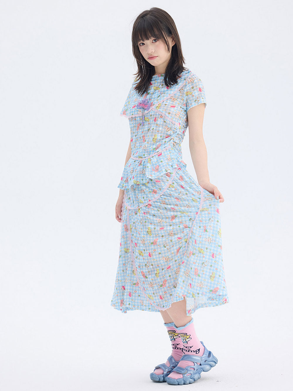 Blue Cartoon Gingham Cape Collar Blouse Midi Skirt