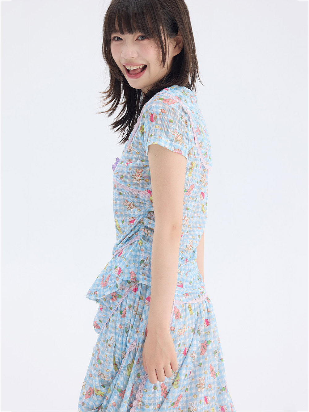 Blue Cartoon Gingham Cape Collar Blouse Midi Skirt