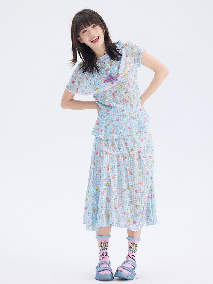 Blue Cartoon Gingham Cape Collar Blouse Midi Skirt