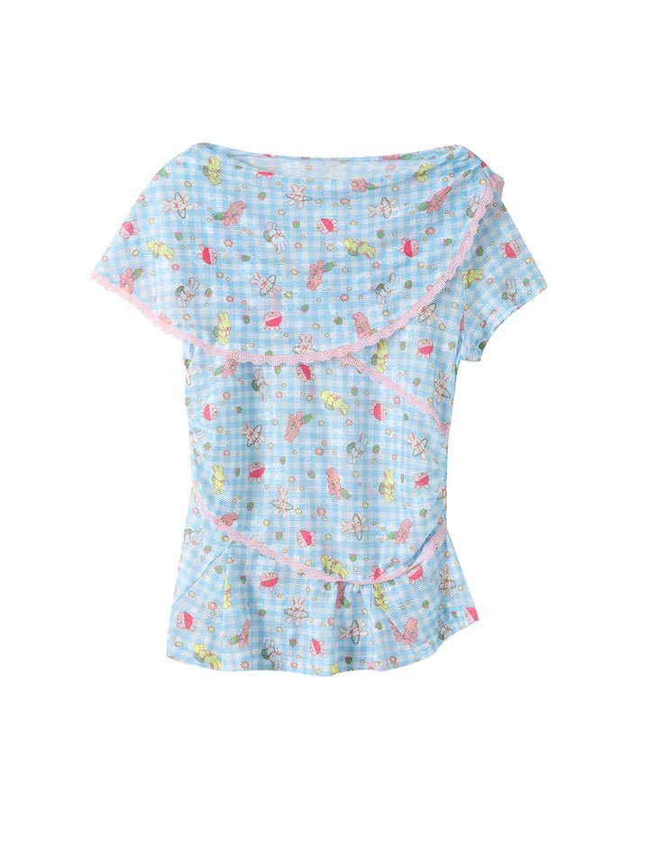 Blue Cartoon Gingham Cape Collar Blouse Midi Skirt
