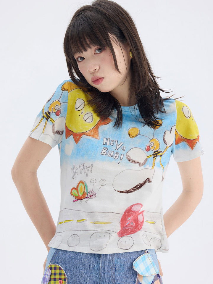 Blue Cartoon Bug Graphic T Shirt