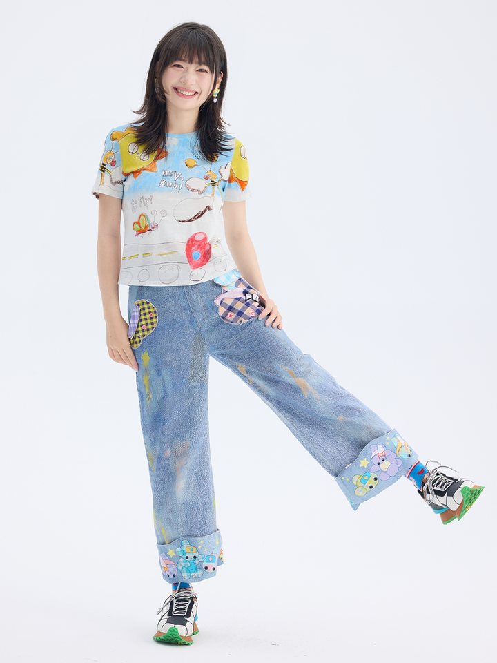 Blue Cartoon Bug Graphic T Shirt