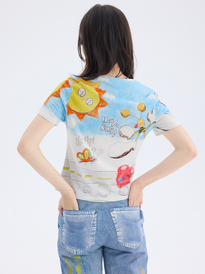 Blue Cartoon Bug Graphic T Shirt