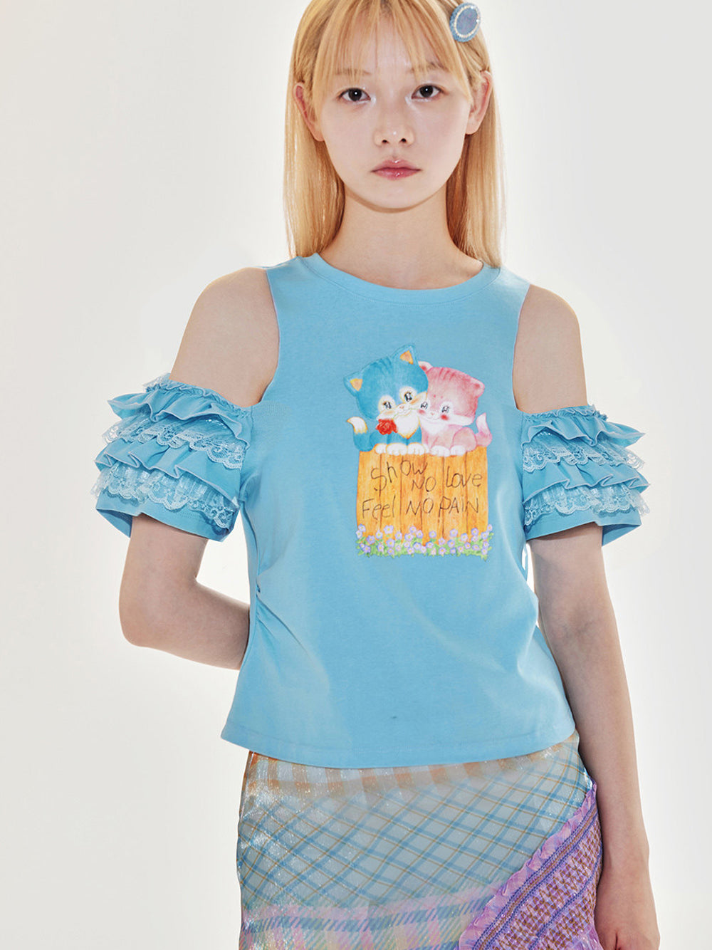 Blue Cat Ruffle Cold Shoulder T Shirt