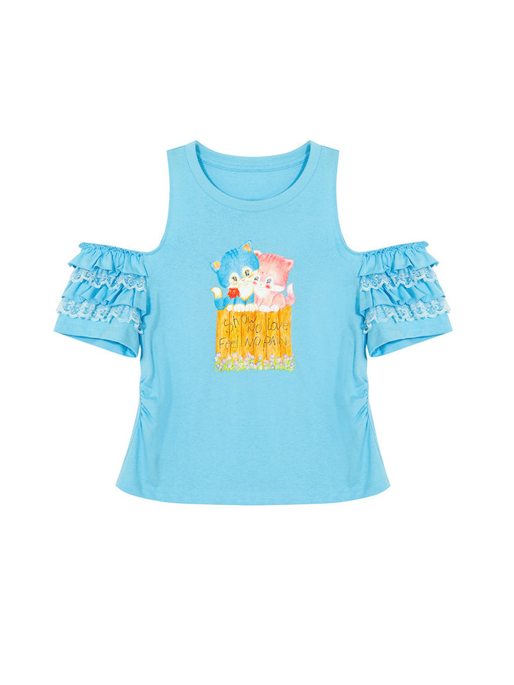 Blue Cat Ruffle Cold Shoulder T Shirt