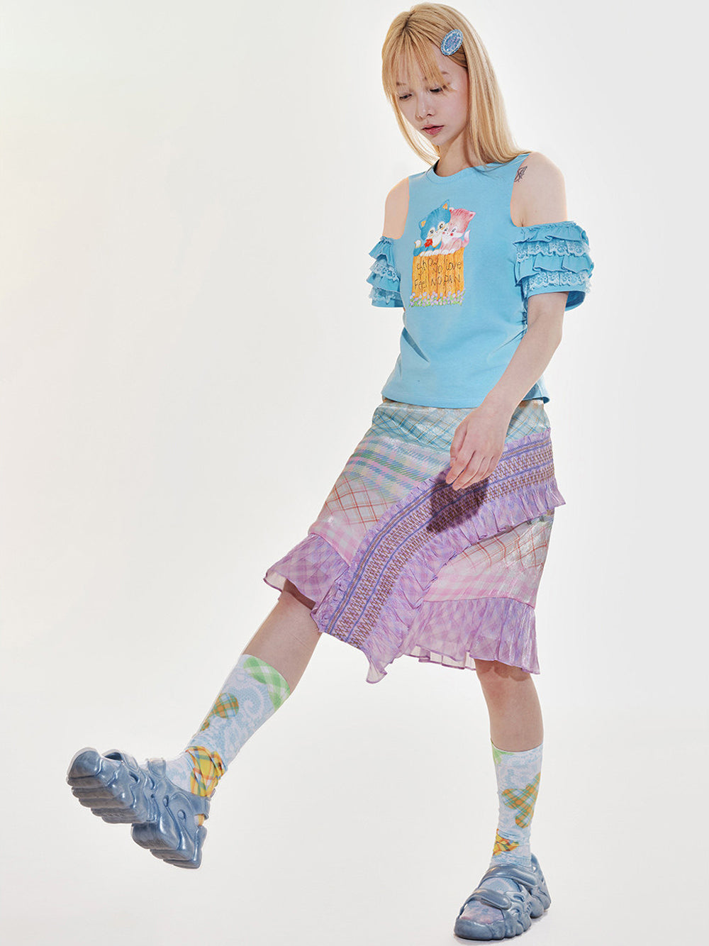 Blue Cat Ruffle Cold Shoulder T Shirt