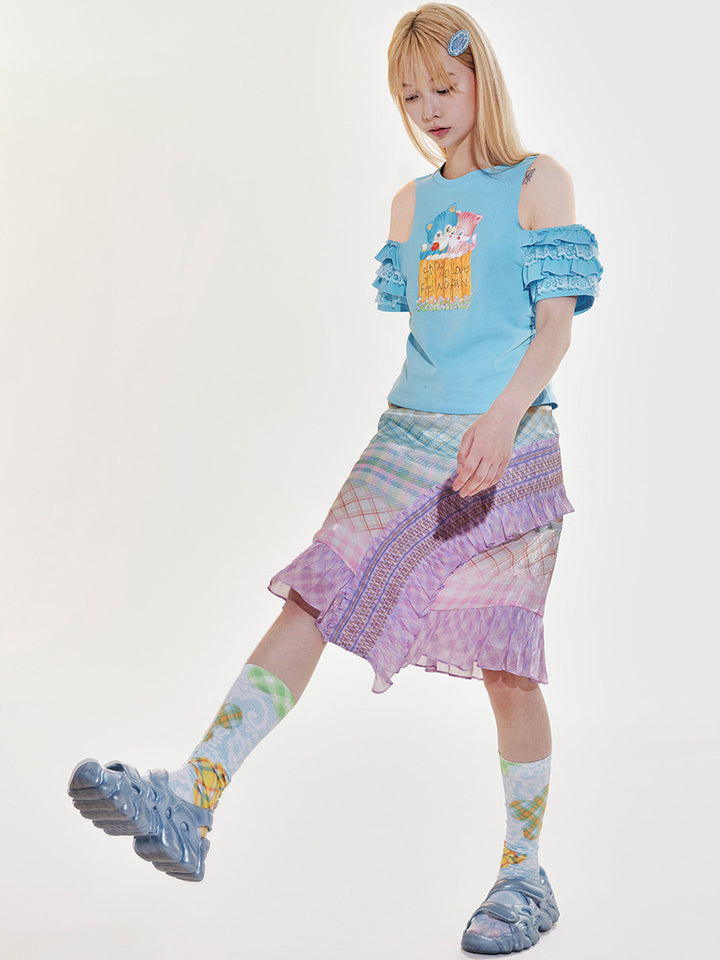 Blue Cat Ruffle Cold Shoulder T Shirt
