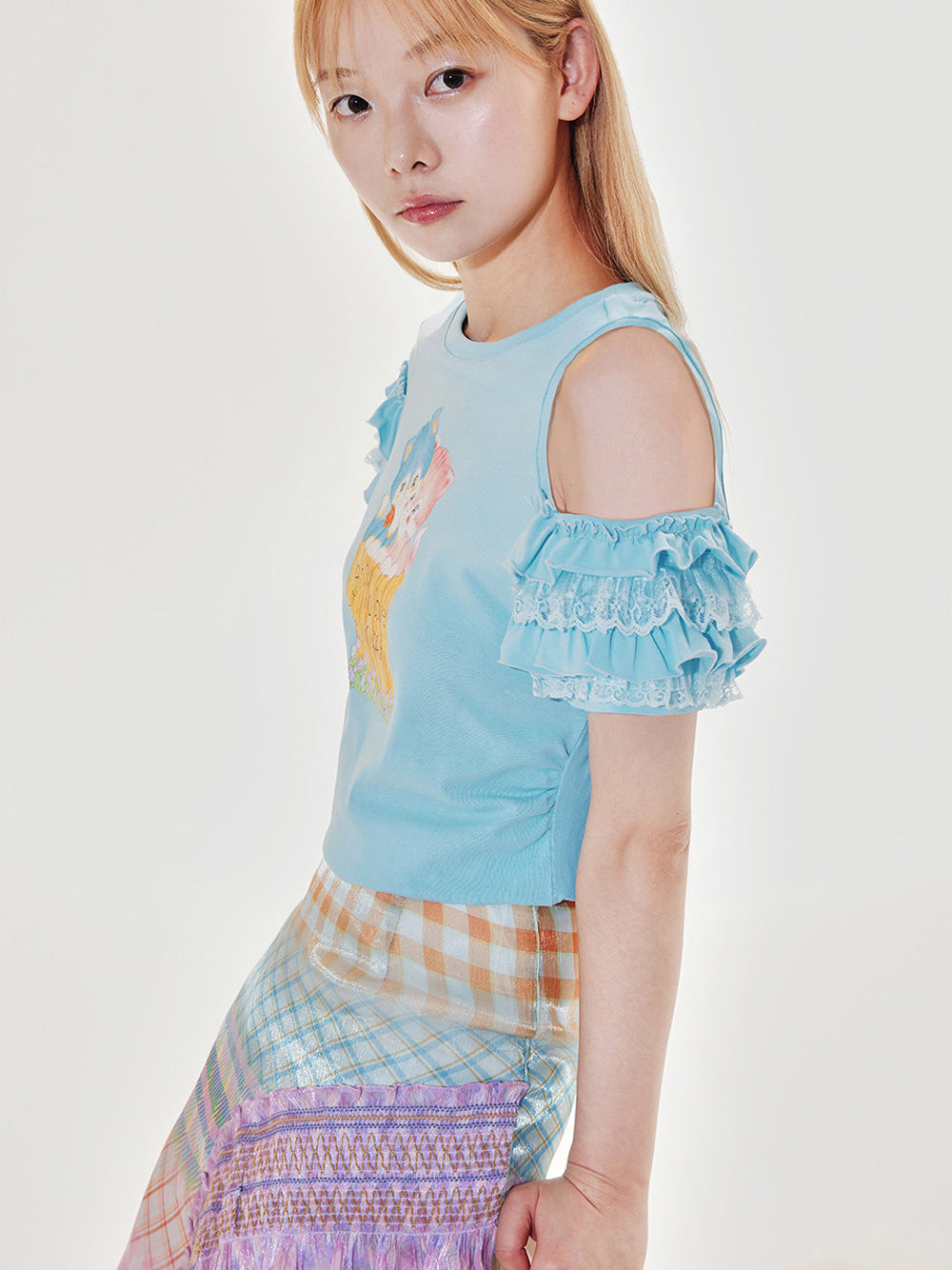 Blue Cat Ruffle Cold Shoulder T Shirt