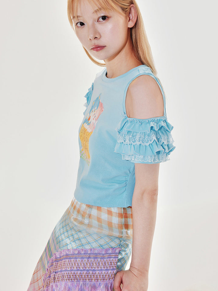 Blue Cat Ruffle Cold Shoulder T Shirt