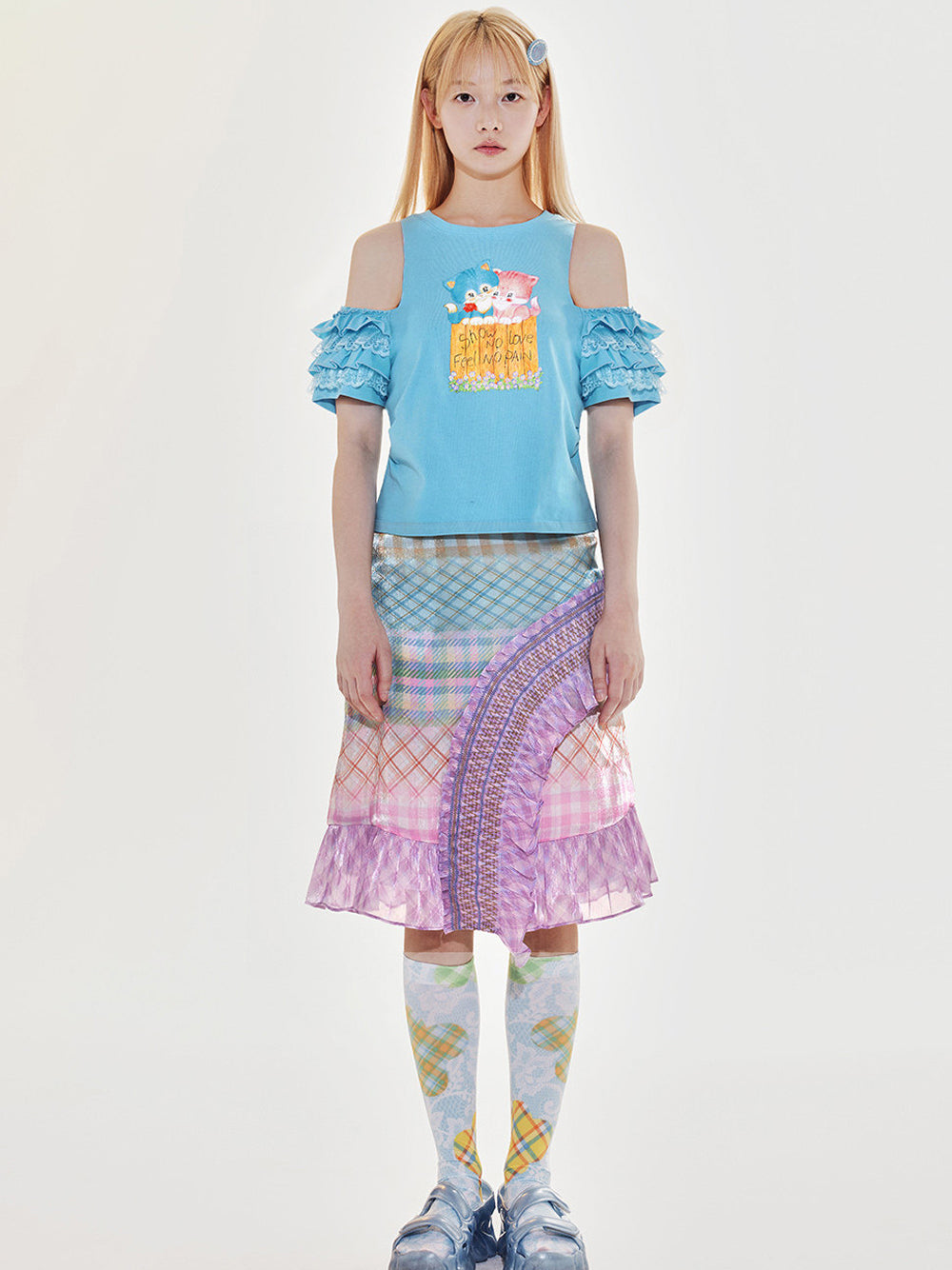 Blue Cat Ruffle Cold Shoulder T Shirt