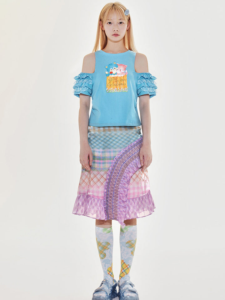 Blue Cat Ruffle Cold Shoulder T Shirt