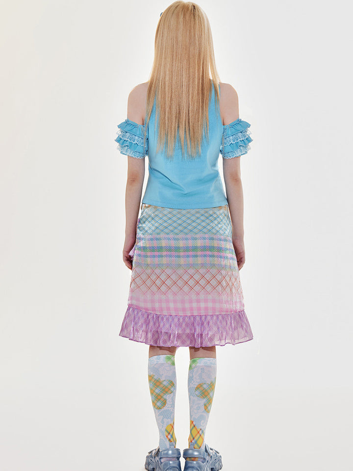 Blue Cat Ruffle Cold Shoulder T Shirt