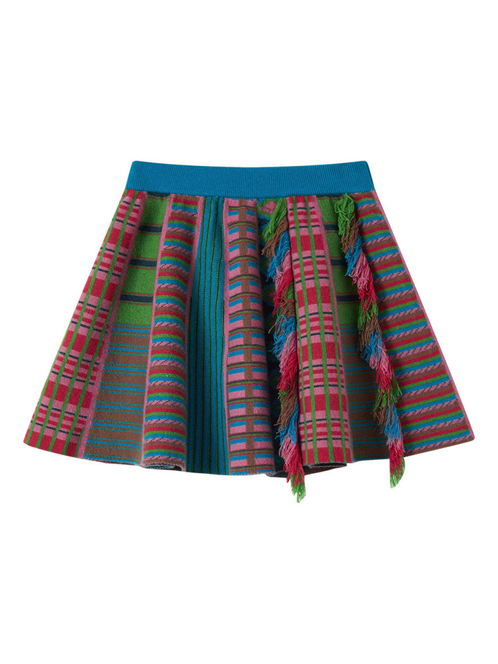 Vintage Knit Fringe Pleated Mini Skirt
