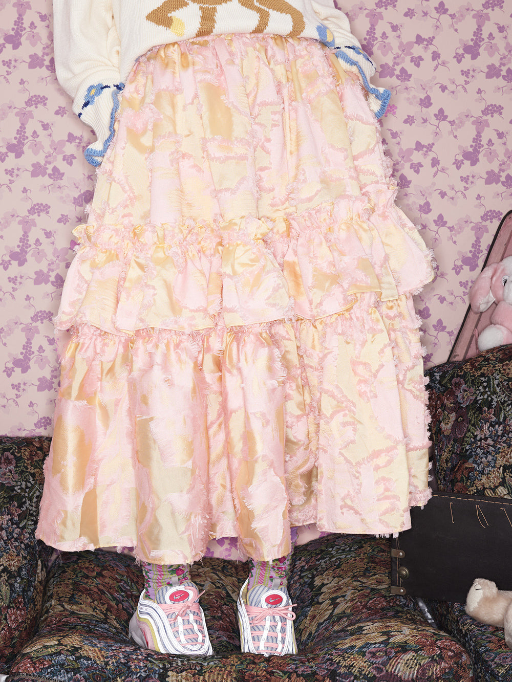 Pink Cut Jacquard Tiered Ruffle Midi Skirt
