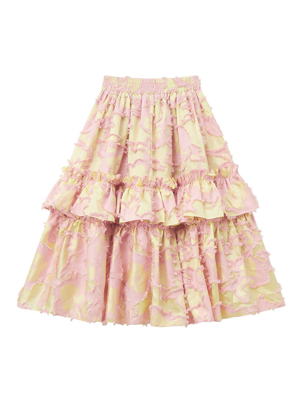 Pink Cut Jacquard Tiered Ruffle Midi Skirt