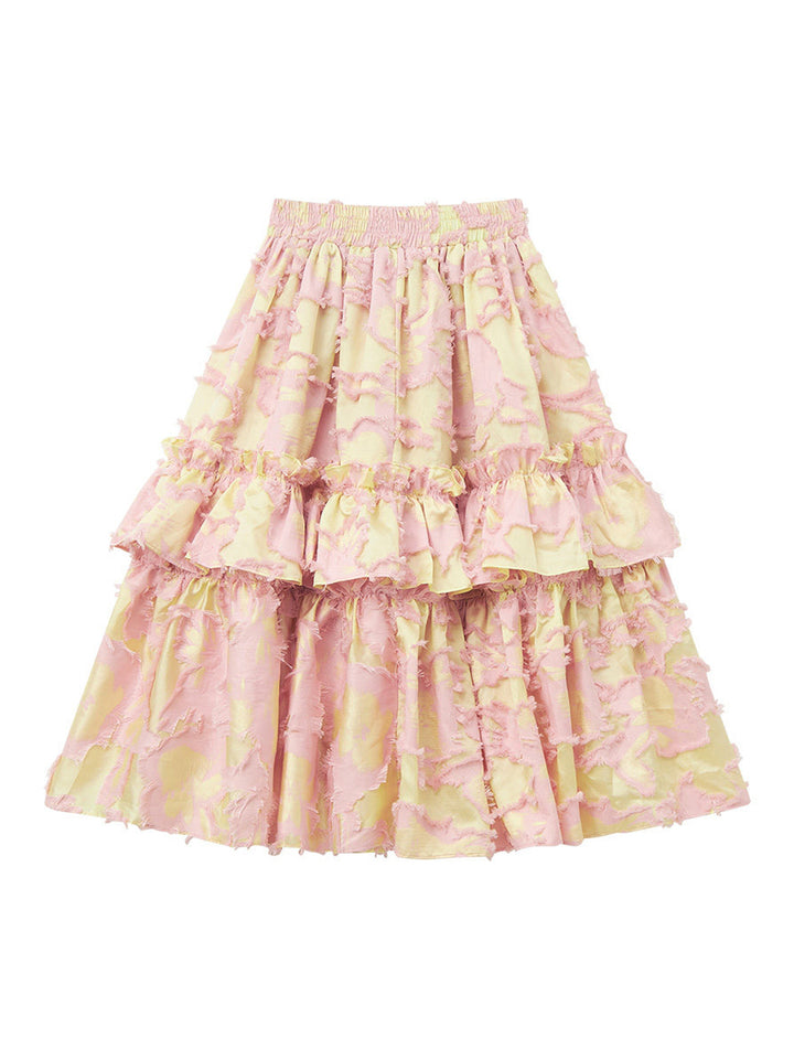 Pink Cut Jacquard Tiered Ruffle Midi Skirt