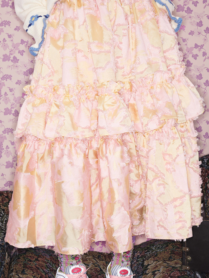 Pink Cut Jacquard Tiered Ruffle Midi Skirt