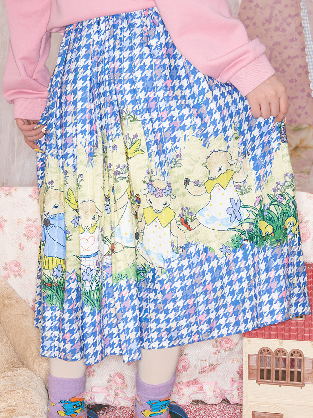 Blue Houndstooth Lamb Print Midi Skirt