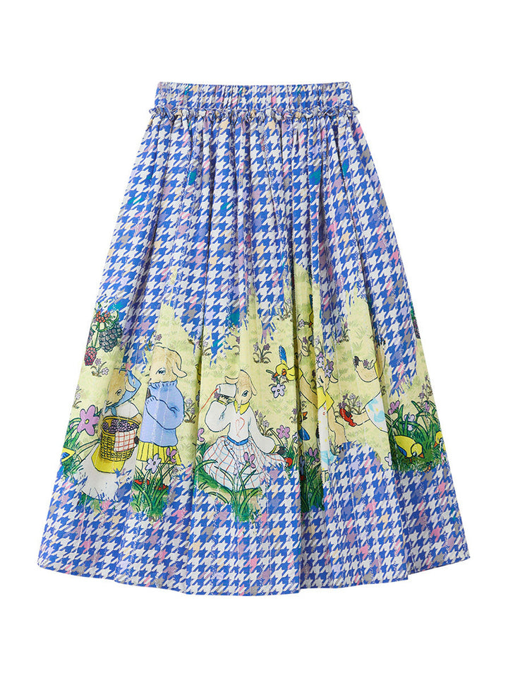 Blue Houndstooth Lamb Print Midi Skirt