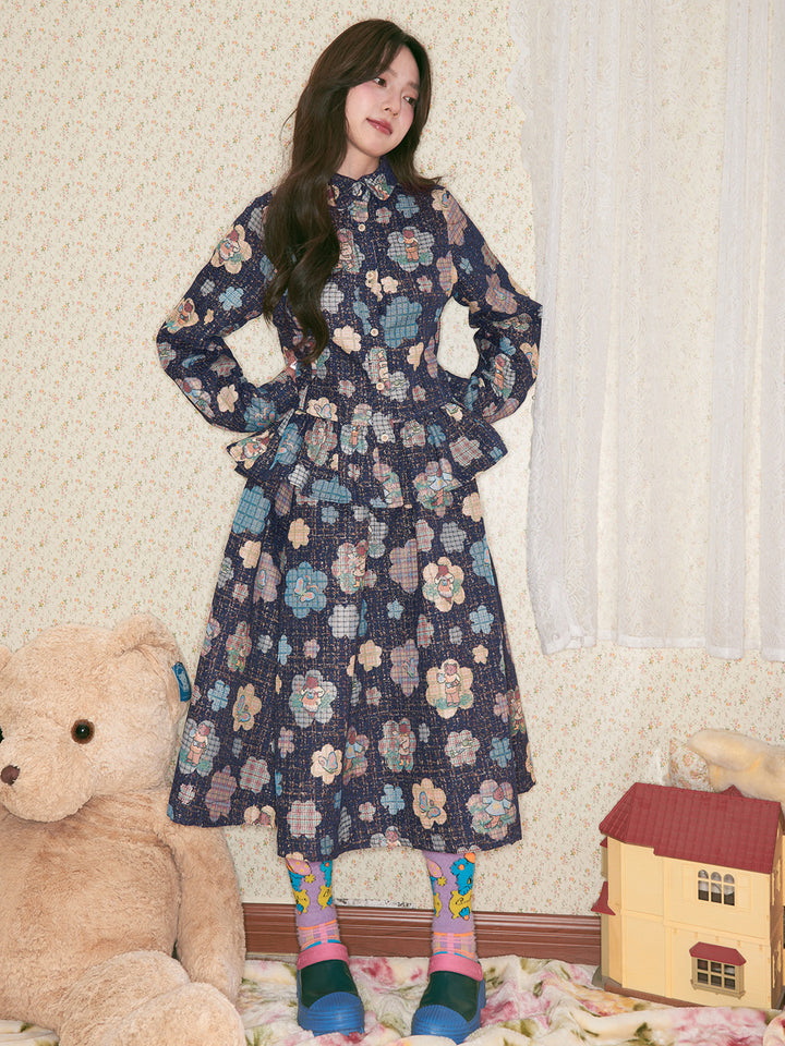 Vintage Floral Bear Print Blouse Pant