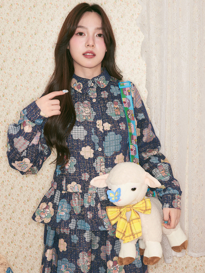 Vintage Floral Bear Print Blouse Pant
