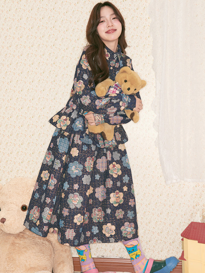 Vintage Floral Bear Print Blouse Pant