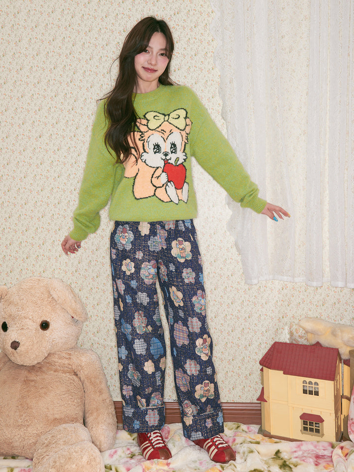 Vintage Floral Bear Print Blouse Pant
