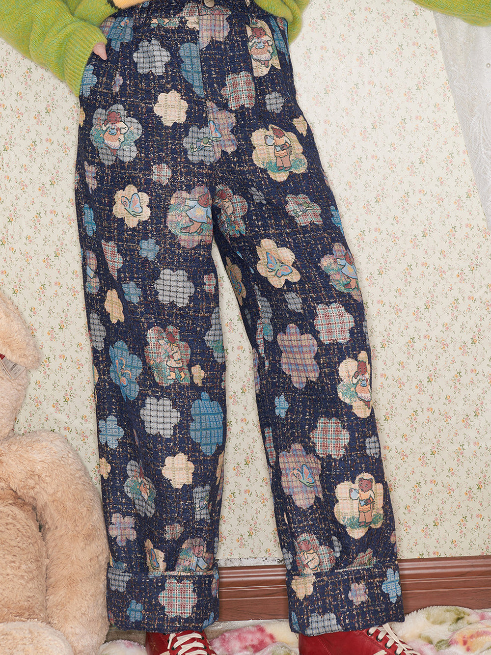 Vintage Floral Bear Print Blouse Pant