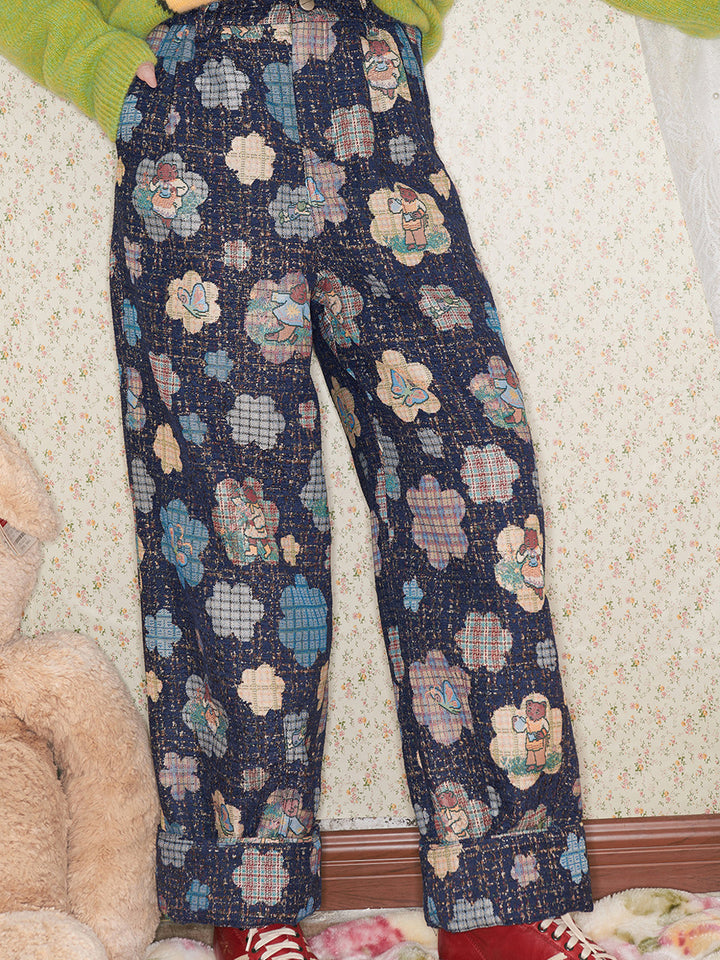 Vintage Floral Bear Print Blouse Pant