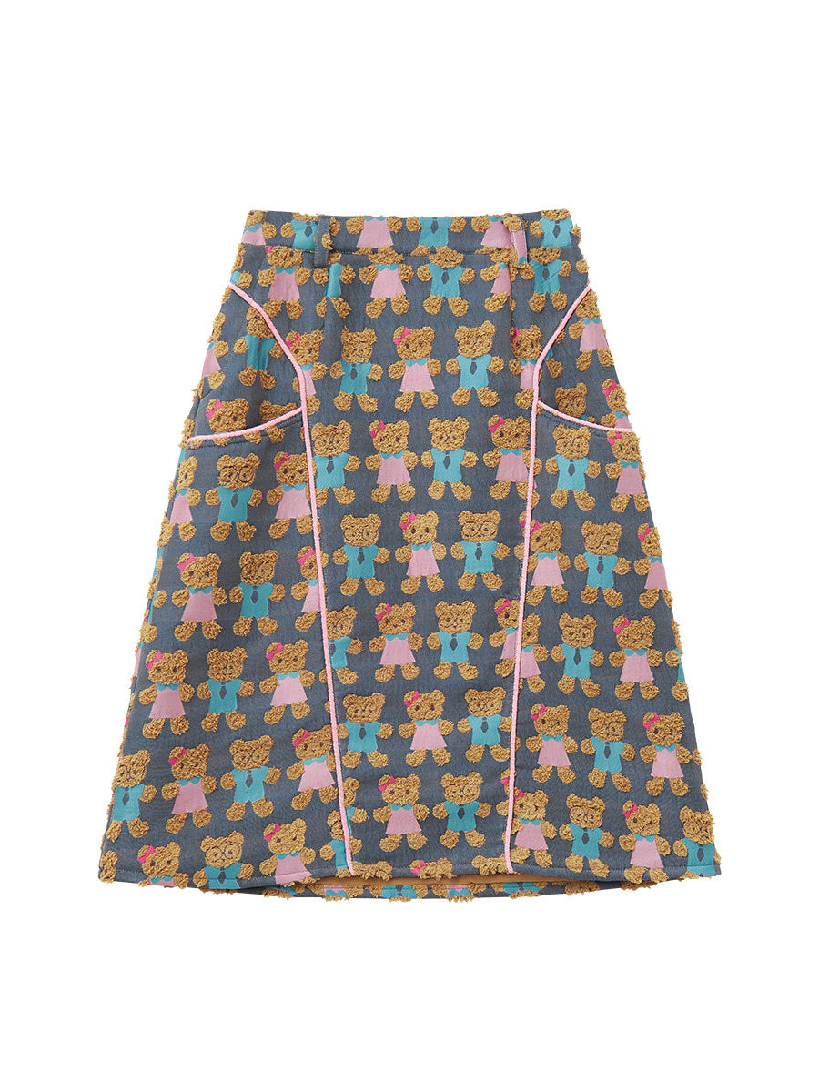 Teddy Bear Jacquard Contrast Midi Skirt