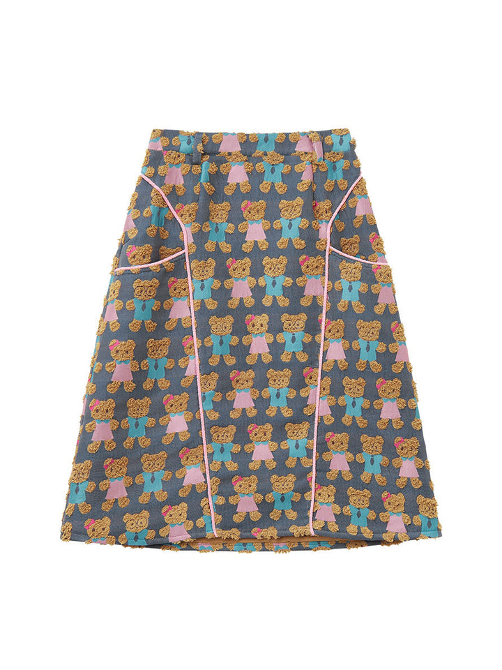 Teddy Bear Jacquard Contrast Midi Skirt