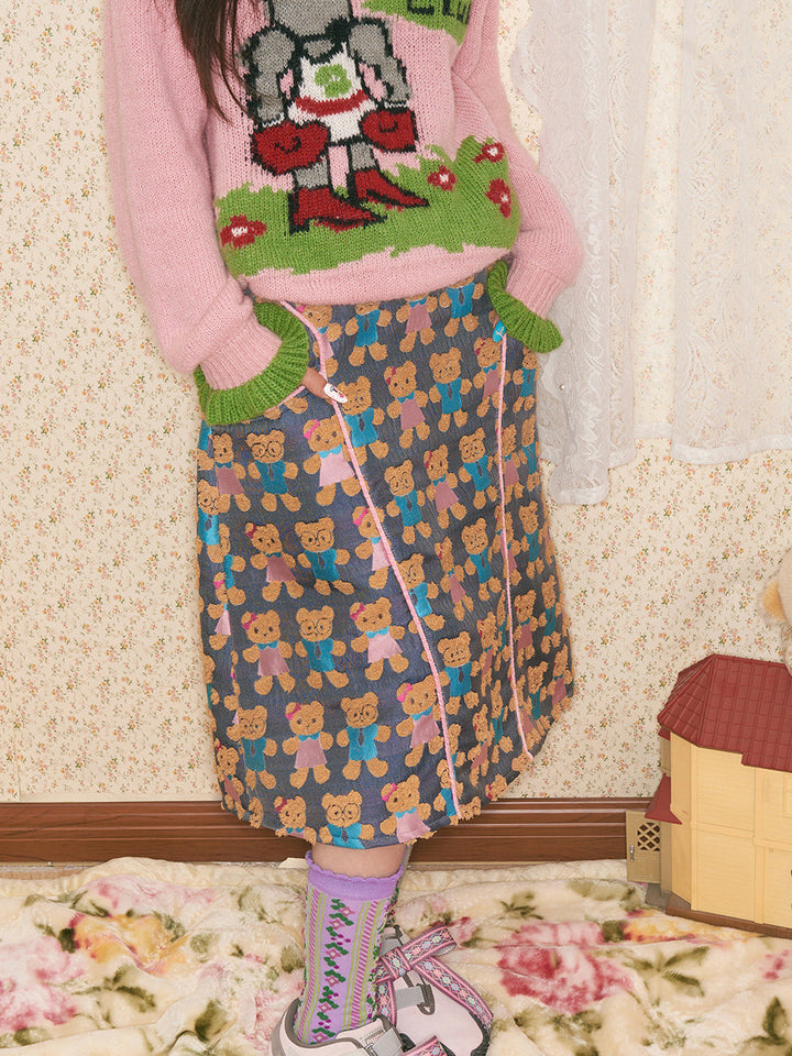 Teddy Bear Jacquard Contrast Midi Skirt