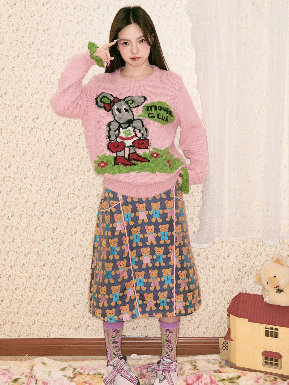Teddy Bear Jacquard Contrast Midi Skirt