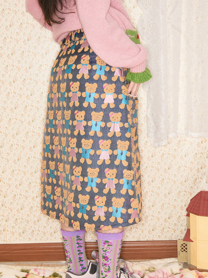 Teddy Bear Jacquard Contrast Midi Skirt