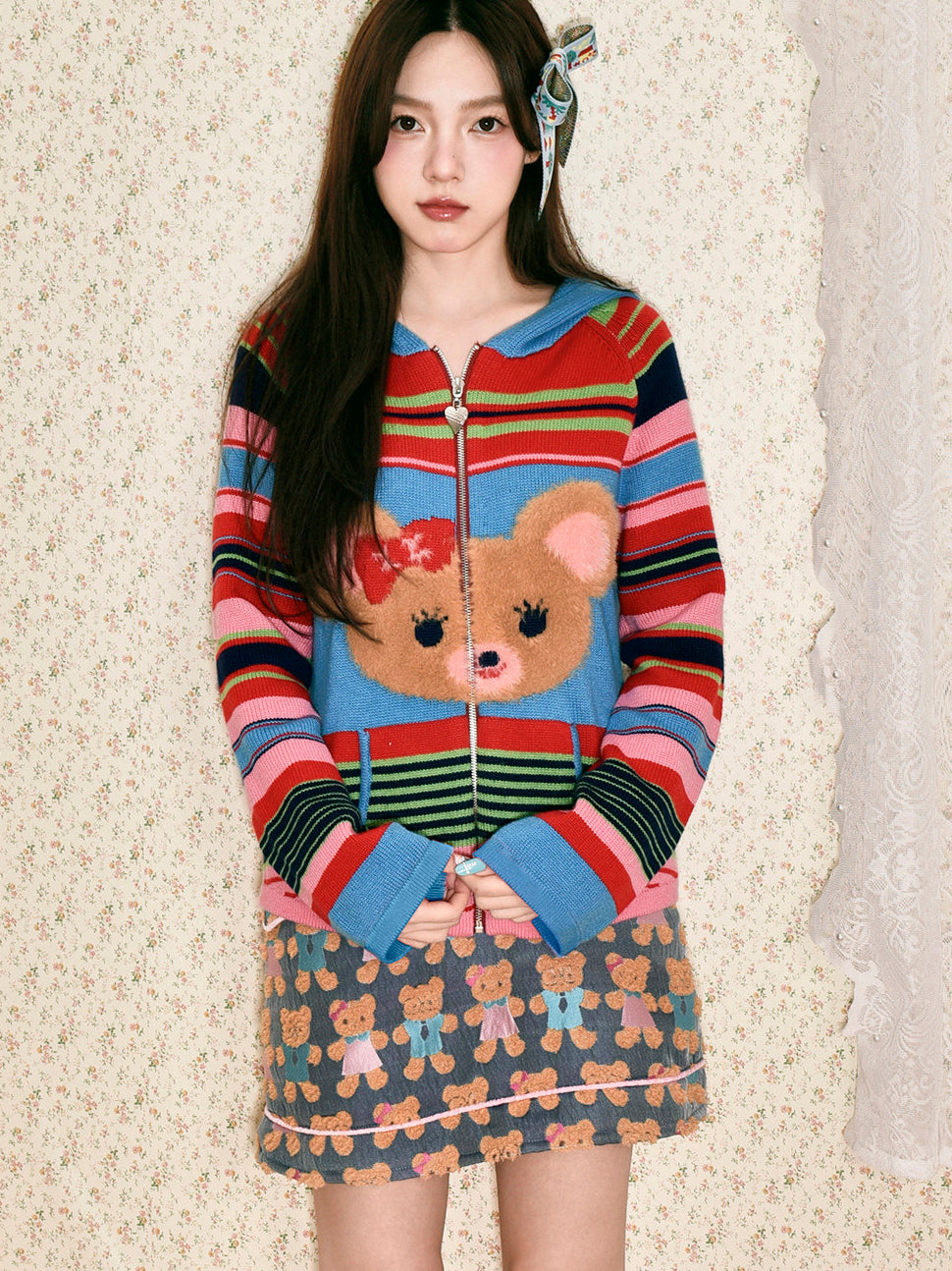 Teddy Bear Jacquard Contrast Mini Skirt