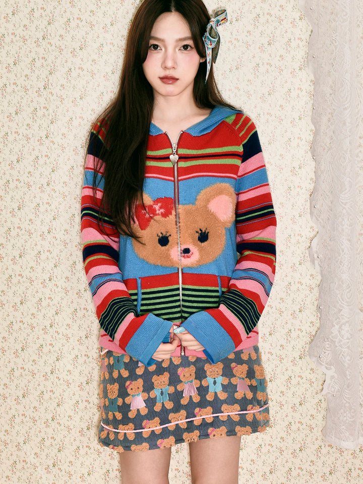 Teddy Bear Jacquard Contrast Mini Skirt