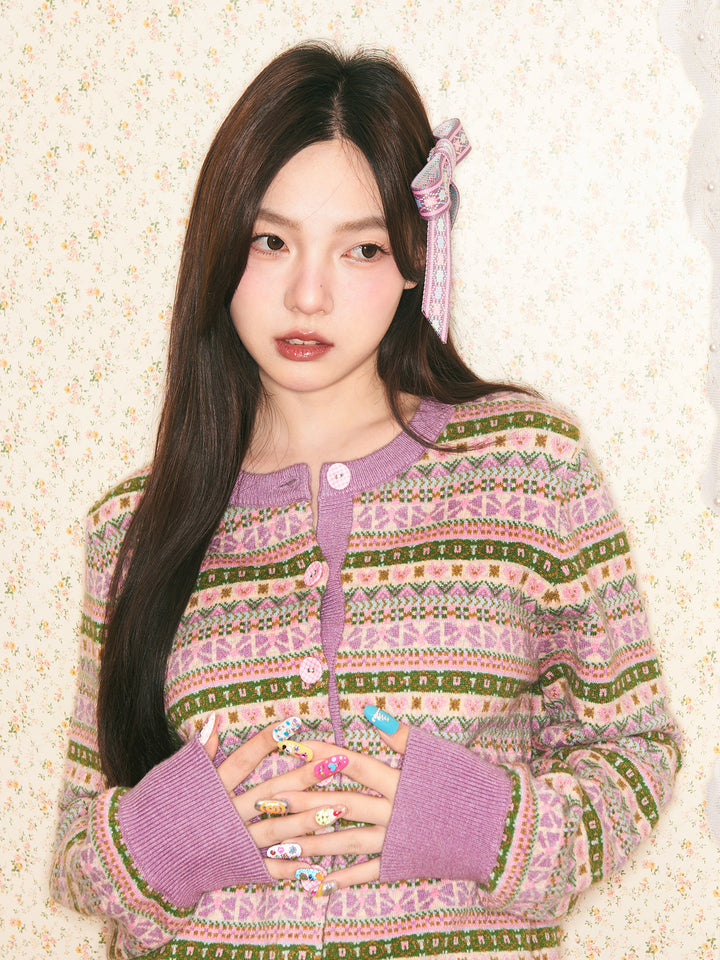 Purple Cartoon Geometric Knit Cardigan Mini Skirt