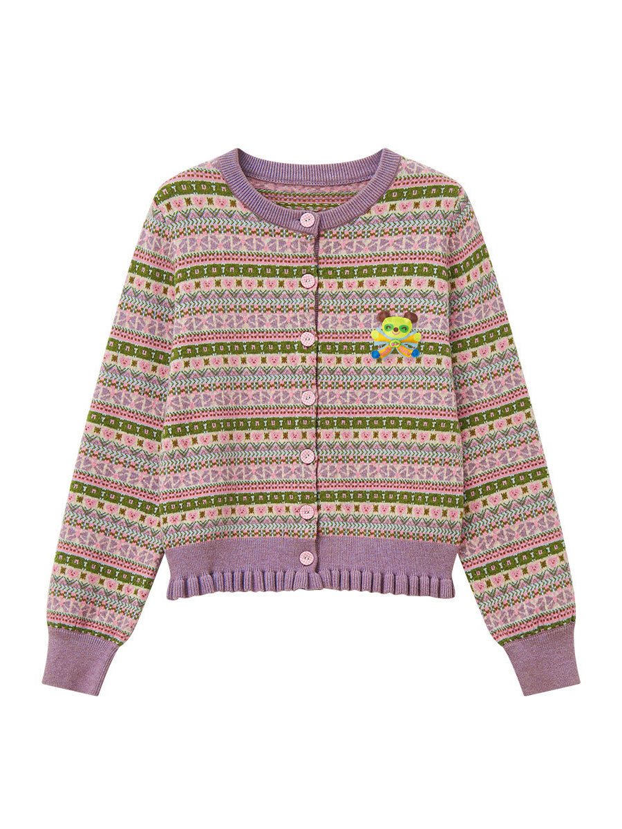 Purple Cartoon Geometric Knit Cardigan Mini Skirt