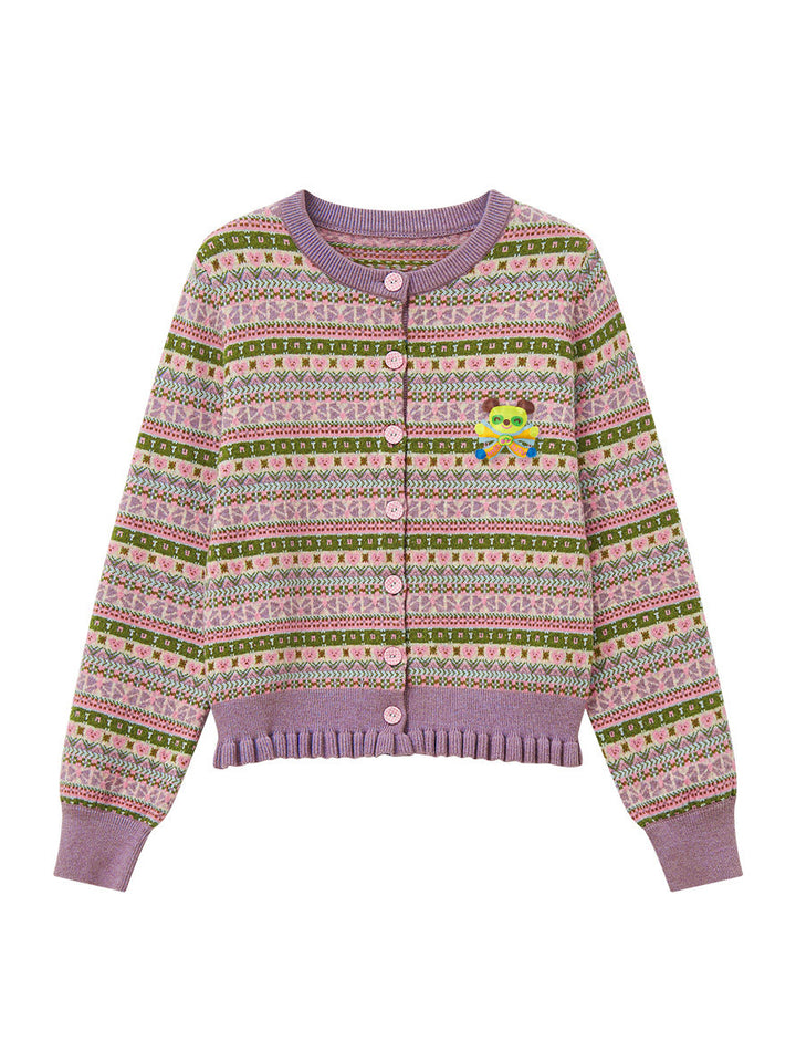 Purple Cartoon Geometric Knit Cardigan Mini Skirt