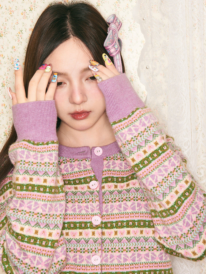 Purple Cartoon Geometric Knit Cardigan Mini Skirt