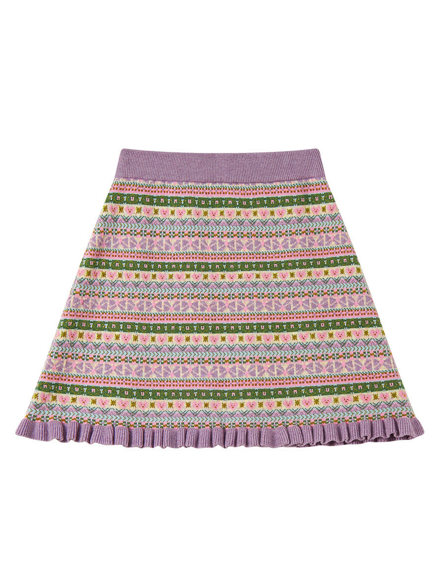 Purple Cartoon Geometric Knit Cardigan Mini Skirt