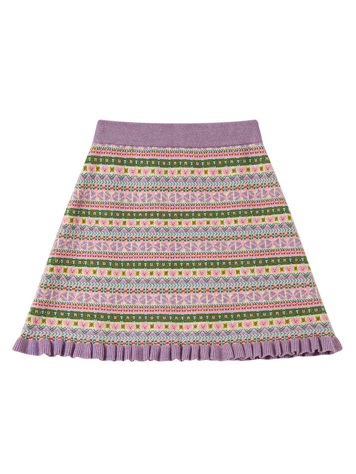 Purple Cartoon Geometric Knit Cardigan Mini Skirt