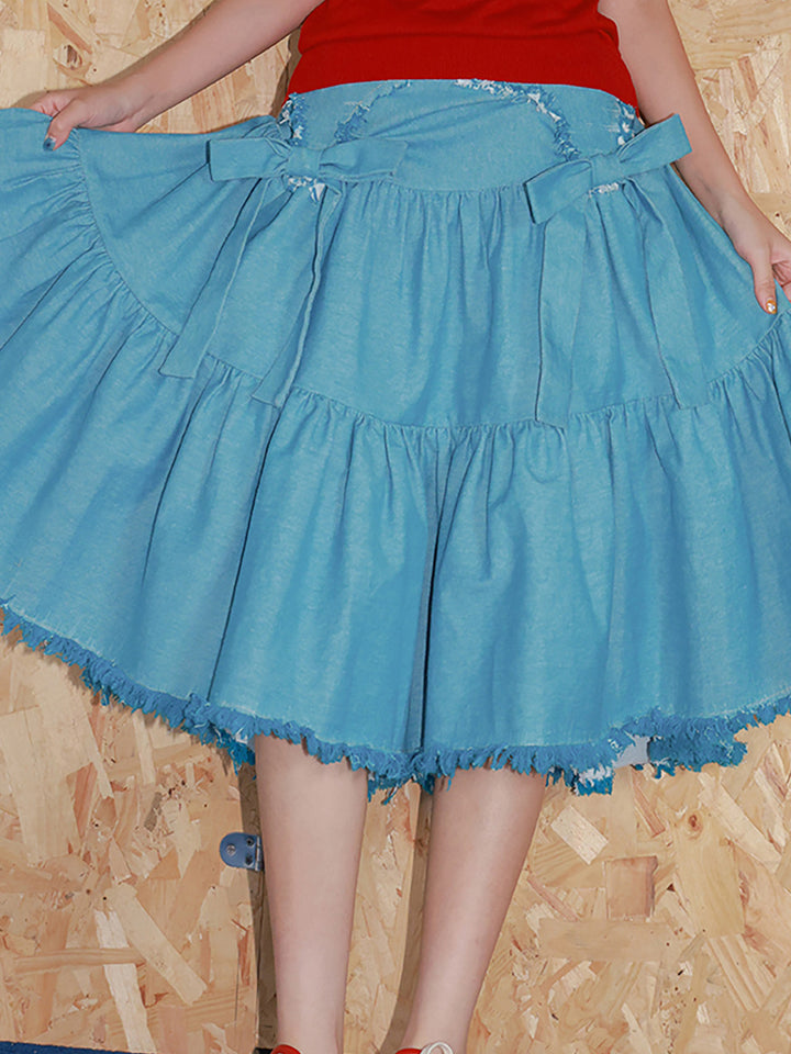 Blue Denim Bow Tiered Midi Skirt